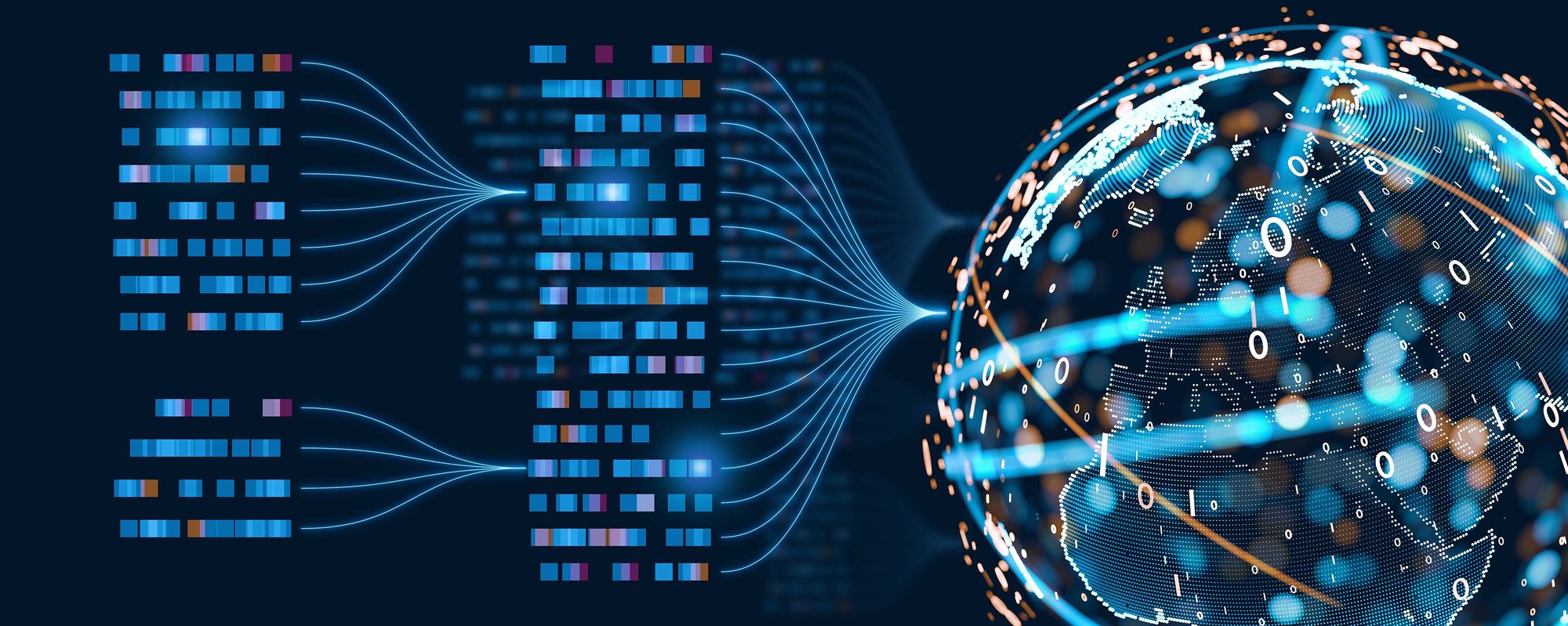 A digital representation of a globe with data streams and visualized binary code.